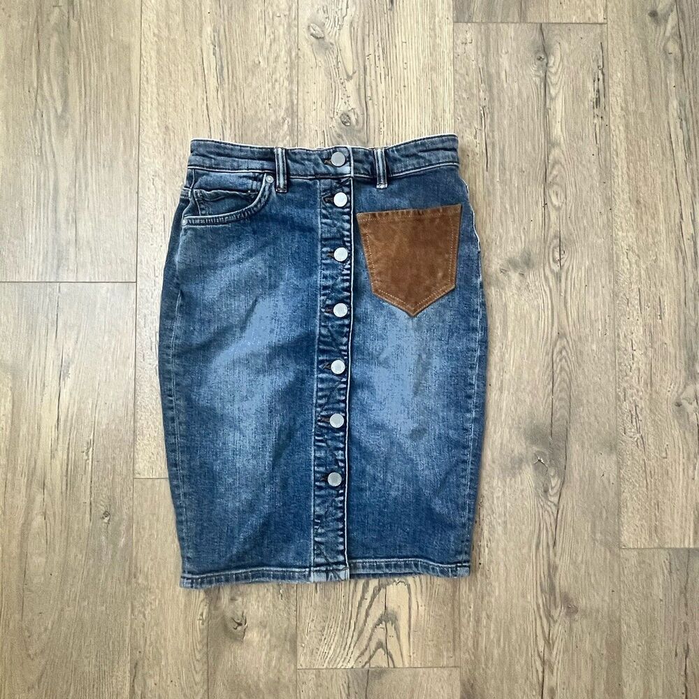 ALL SAINTS Women Midi Denim Skirt Size Sz4 Goat Suede Pocket Y2K Boho Western